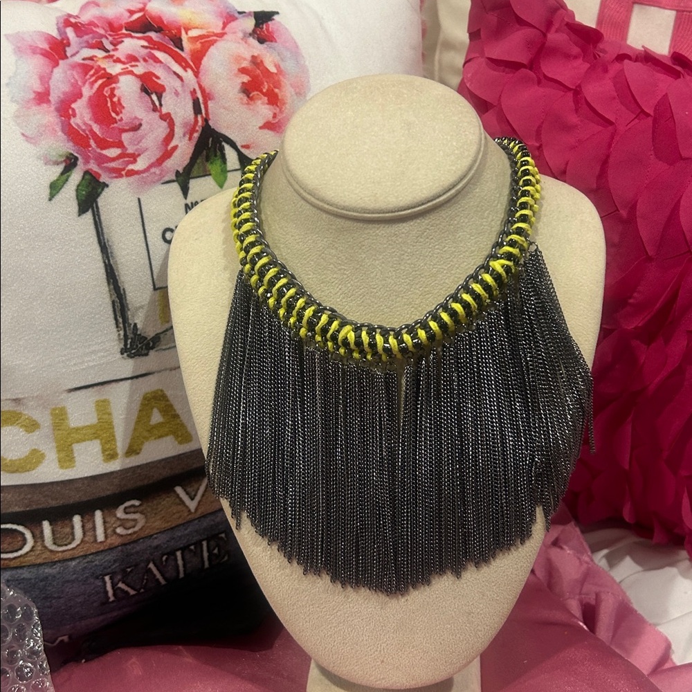Yellow & Black Gunmetal Fringe Rockstar Necklace-NWT